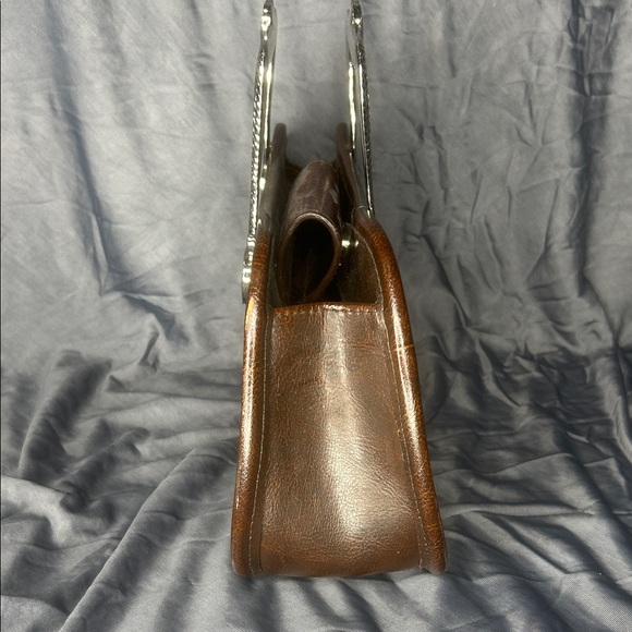 Brown Crocodile-Embossed Leather Handbag Y2K Silver Tone Details - Picture 6 of 15